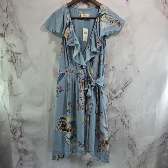 Anthropologie Dress Womens Medium 8 Blue Rosalia Floral Maeve Ruffle Toucan - Picture 1 of 12